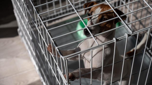 Photo close-up of dog in cage
