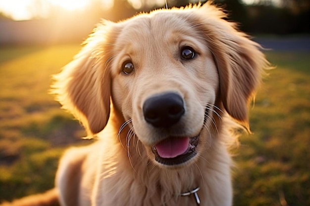 a close up of a dog in a field