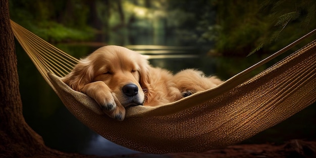 Close up of dog laying in hammock with its head resting generative ai