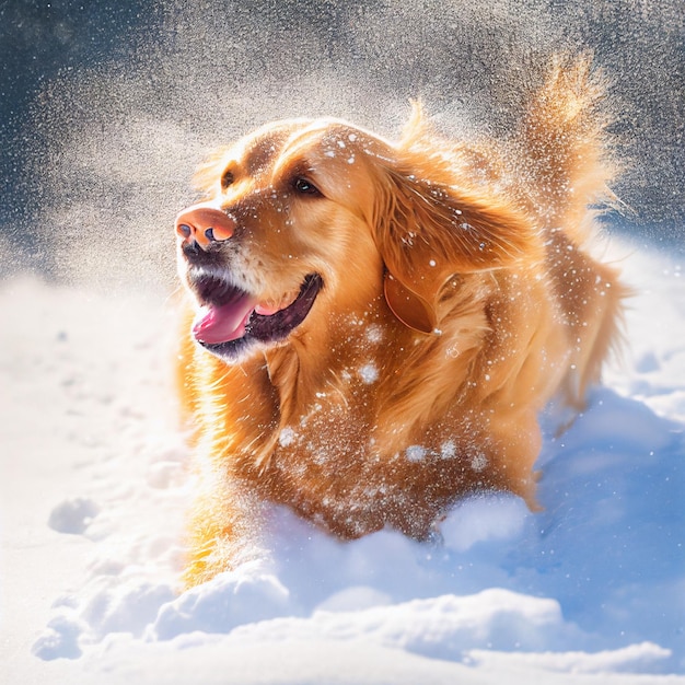 雪の中に舌を出して横たわる犬の接写生成AI