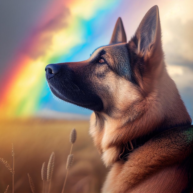A close up of dog looking at rainbow generative ai