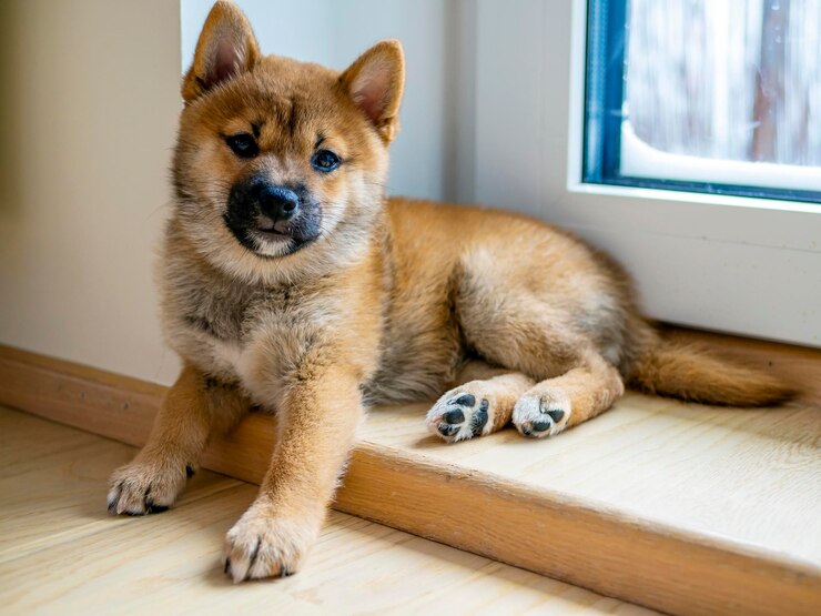 Photo 家の硬木の床に横たわっている犬のクローズアップ