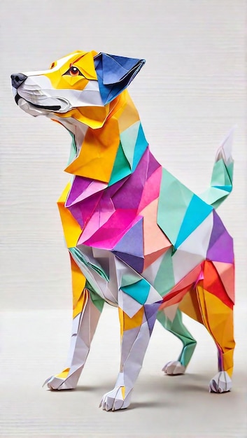 A close up of a dog made out of paper on a table generative ai