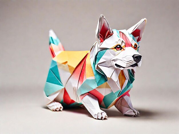 A close up of a dog made out of paper on a table generative ai