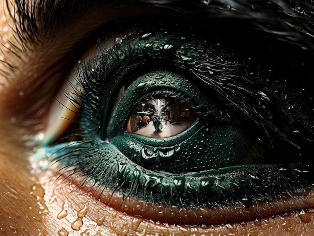 a close up of a dog's eye with water drops on it.