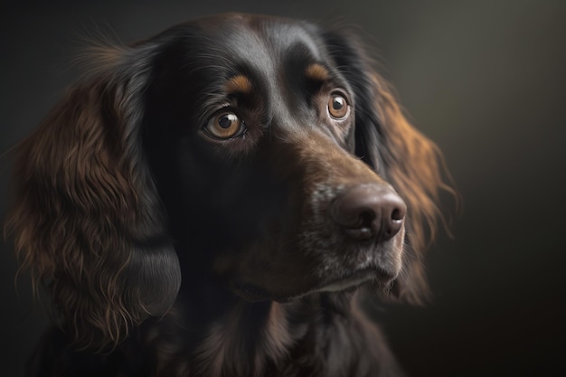 A close up of a dog's face with a dark background.