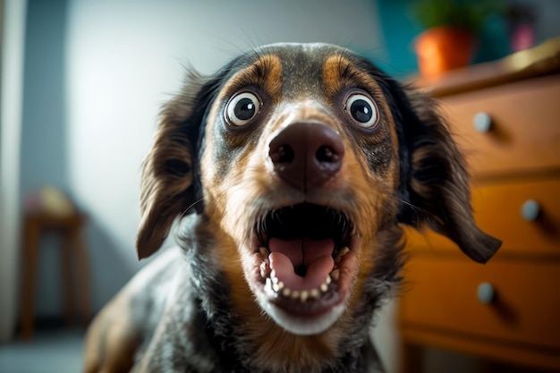 Photo close up of dog's face with it's mouth wide open generative ai