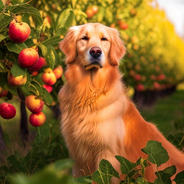 野原のリンゴに座っている犬のクローズアップ生成AI