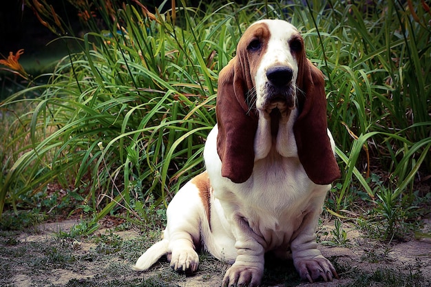 Close-up of dog sitting on grass