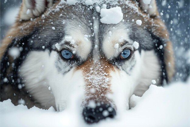 Close up of a dog in the snow