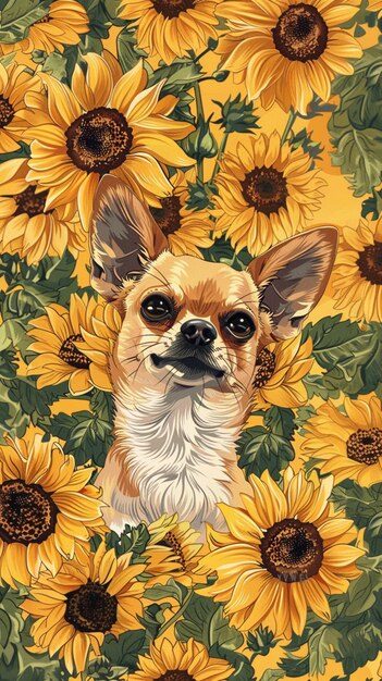 a close up of a dog surrounded by sunflowers on a yellow background generative ai