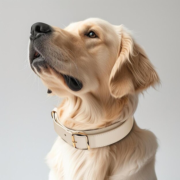 a close up of a dog wearing a collar