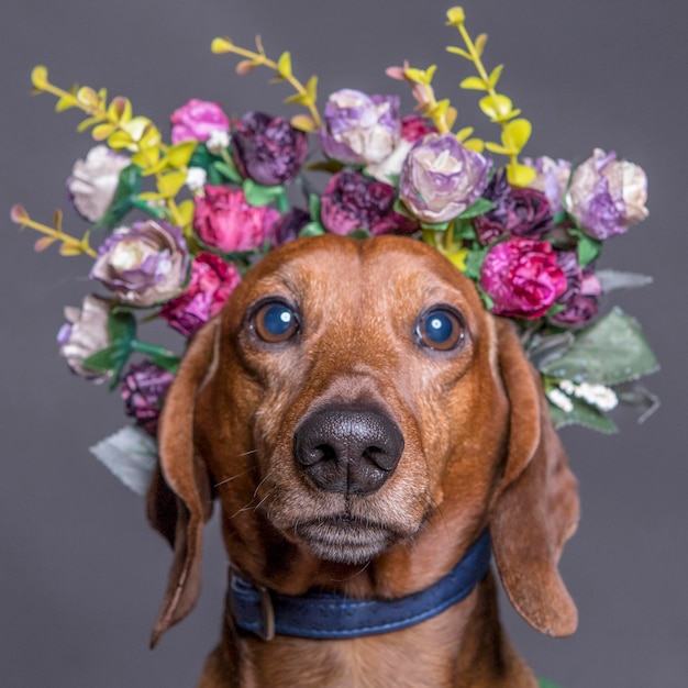 Foto close-up di un cane che indossa fiori su uno sfondo grigio