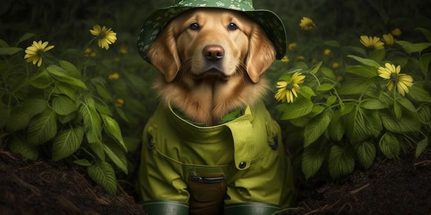緑の帽子とレインコートを着た犬のクローズアップ生成AI