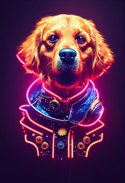 Close up of a dog wearing a neon collar generative ai