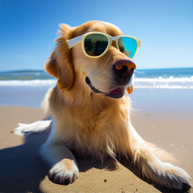 Close up of dog wearing sunglasses and on beach generative ai