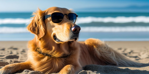 Close up of dog wearing sunglasses and on beach generative ai