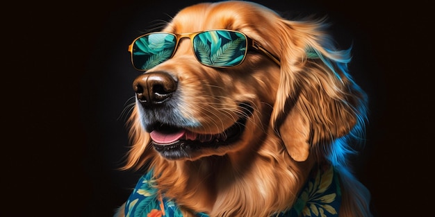 Close up of dog wearing sunglasses and hawaiian style tie generative ai