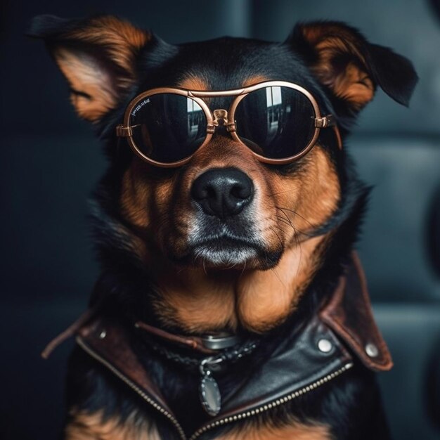 Крупный план собаки в солнцезащитных очках и кожаной куртке с генеративным искусственным интеллектом