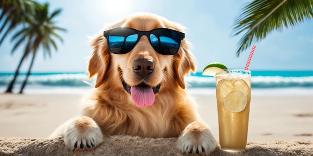 Close up of dog wearing sunglasses and with drink generative ai