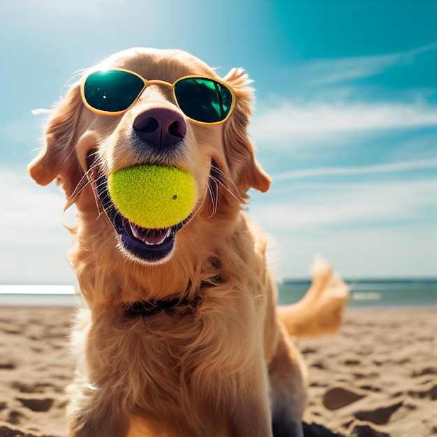 Close up of dog wearing sunglasses and with tennis ball in his mouth generative ai