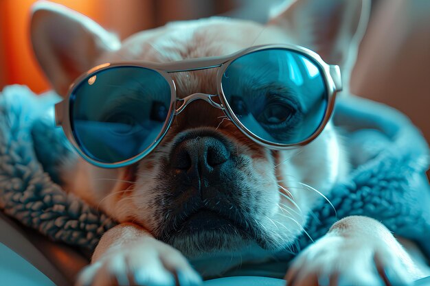 A close up of a dog wearing sunglasses