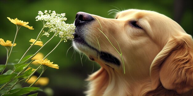 Foto chiuda in su del cane con il fiore in bocca ai generativa