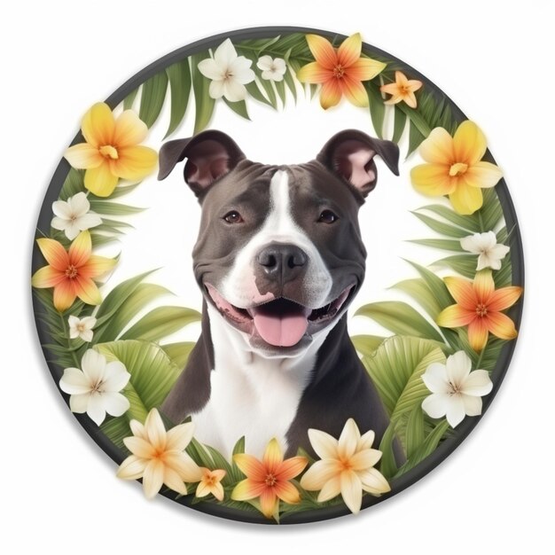 Photo a close up of a dog with a flower wreath around it generative ai