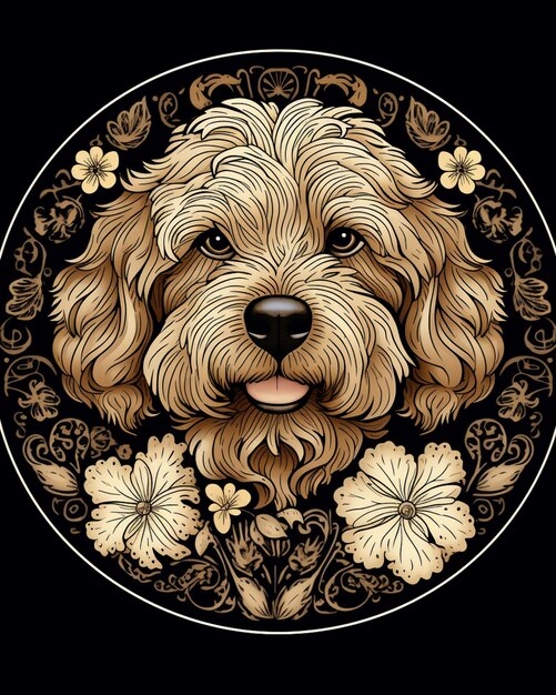 a close up of a dog with a flowered head on a black background generative ai