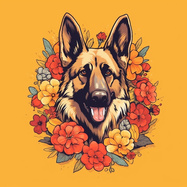 A close up of a dog with flowers around it generative ai