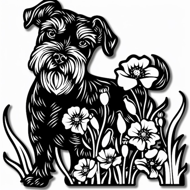 Foto un primo piano di un cane con fiori sullo sfondo