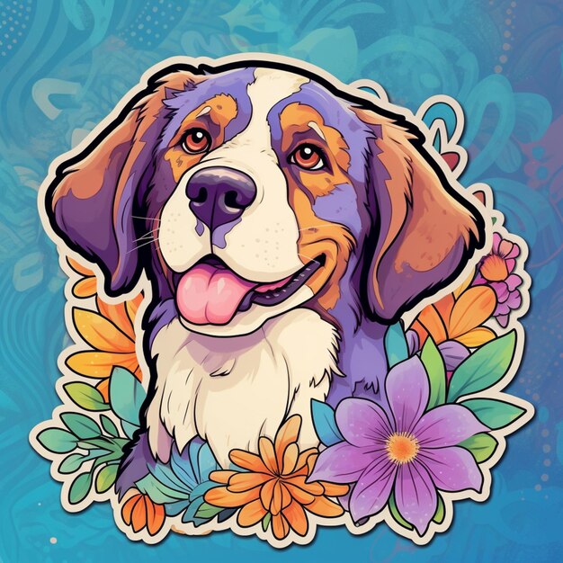 a close up of a dog with flowers on a blue background generative ai
