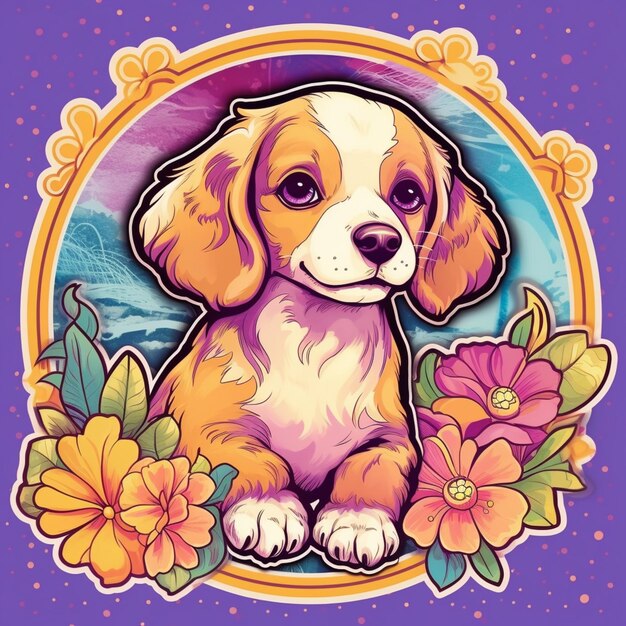 A close up of a dog with flowers on a purple background generative ai