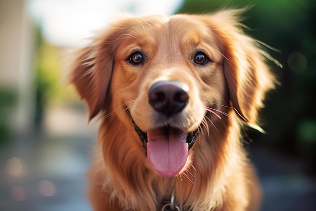 a close up of a dog with its tongue out