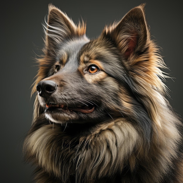 a close up of a dog with long hair on a black background