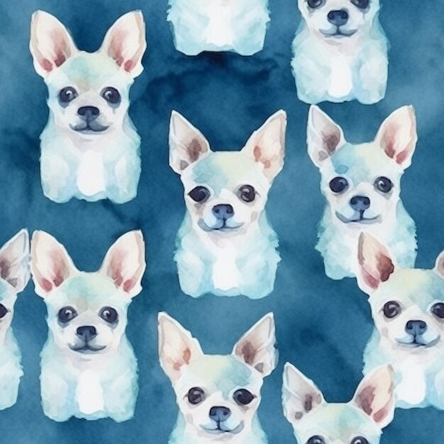 A close up of a dog with many different faces on a blue background generative ai