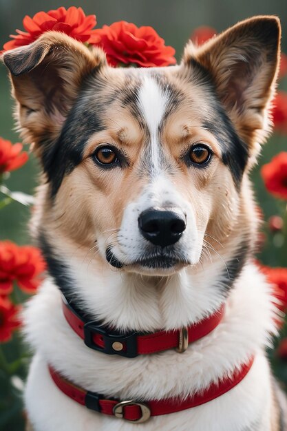 赤い襟と花をかぶった犬のクローズアップ