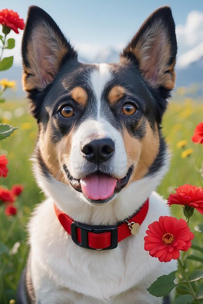 A close up of a dog with a red collar and flowers generative ai