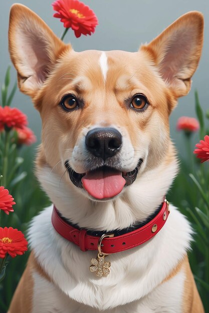 A close up of a dog with a red collar and flowers generative ai