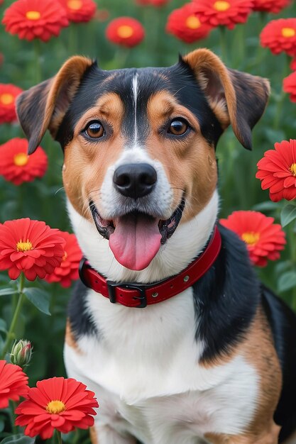 赤い襟と花をかぶった犬のクローズアップ