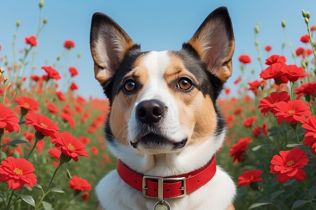 赤い襟と花をかぶった犬のクローズアップ