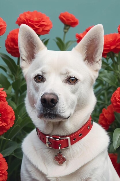 赤い襟と花をかぶった犬のクローズアップ