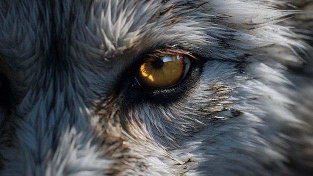 a close up of a dogs eye with a reflection of the sun in it