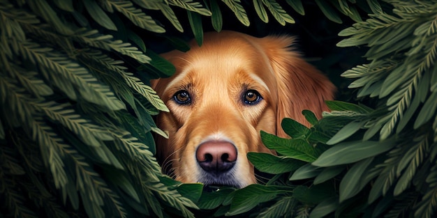 Close up of dogs face in leafy green background generative ai