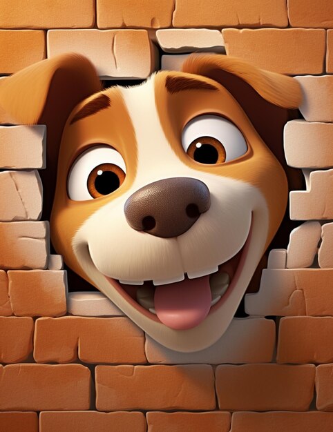 a close up of a dogs face peeking out of a brick wall generative ai