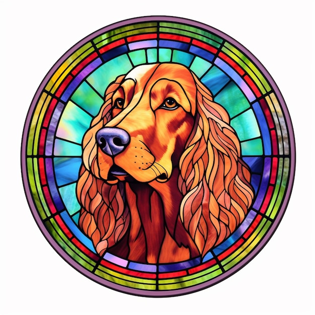 a close up of a dogs face in a stained glass window generative ai