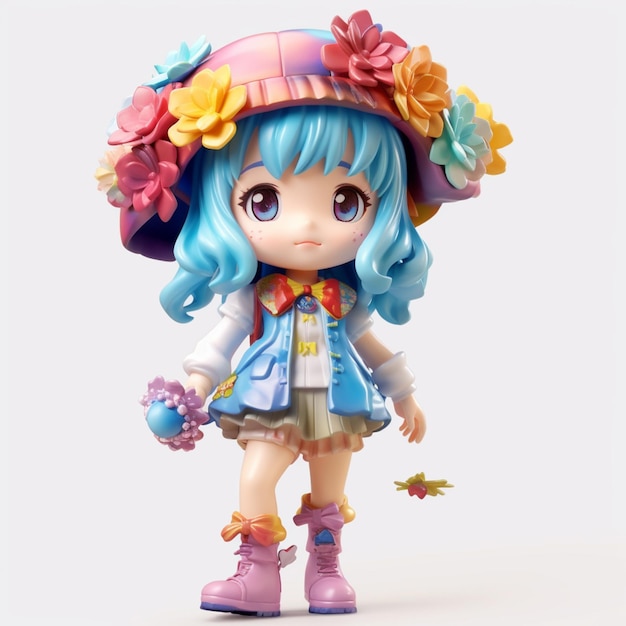 A close up of a doll with a hat and flowers on it generative ai