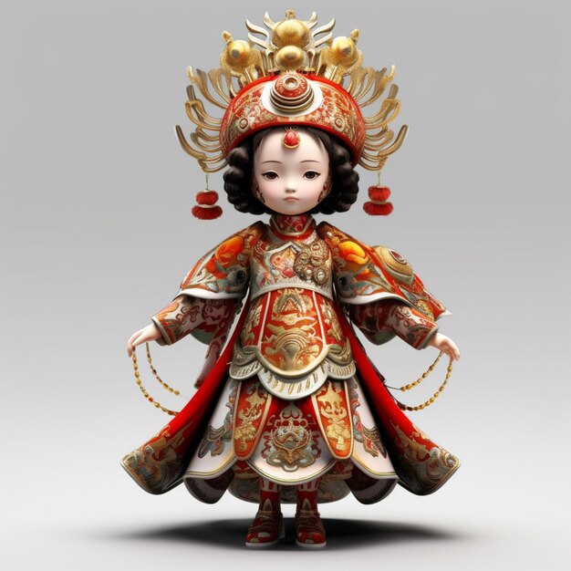 A close up of a doll with a red dress and a gold crown generative ai