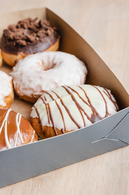 Close up of donuts in a box