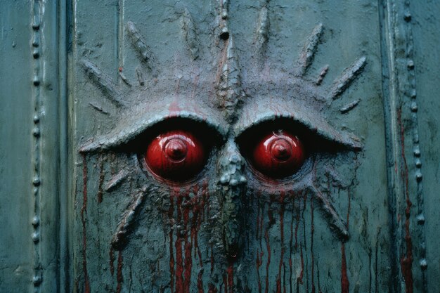 a close up of a door with red eyes on it